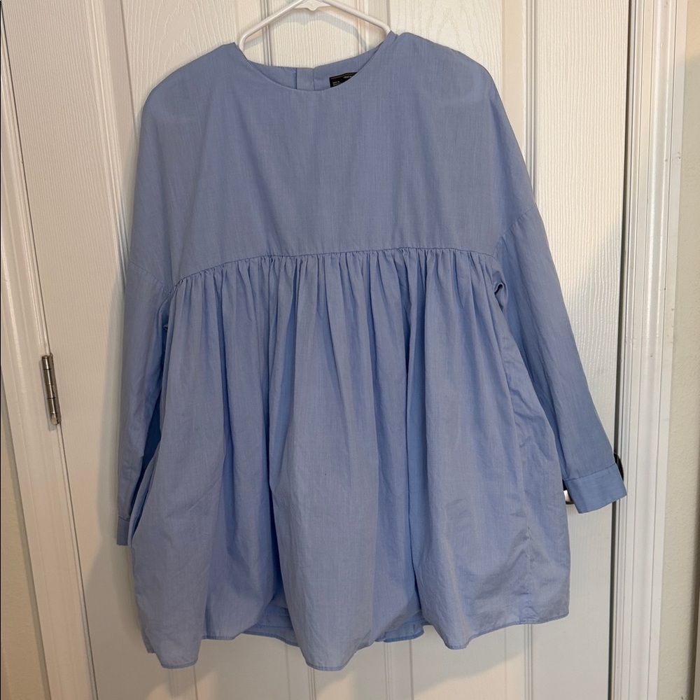 Zara Trafaluc Collection shorts romper  Blue babydoll W/pockets and long sleeves